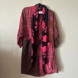 URU pink black mixed pattern floral kimono jacket